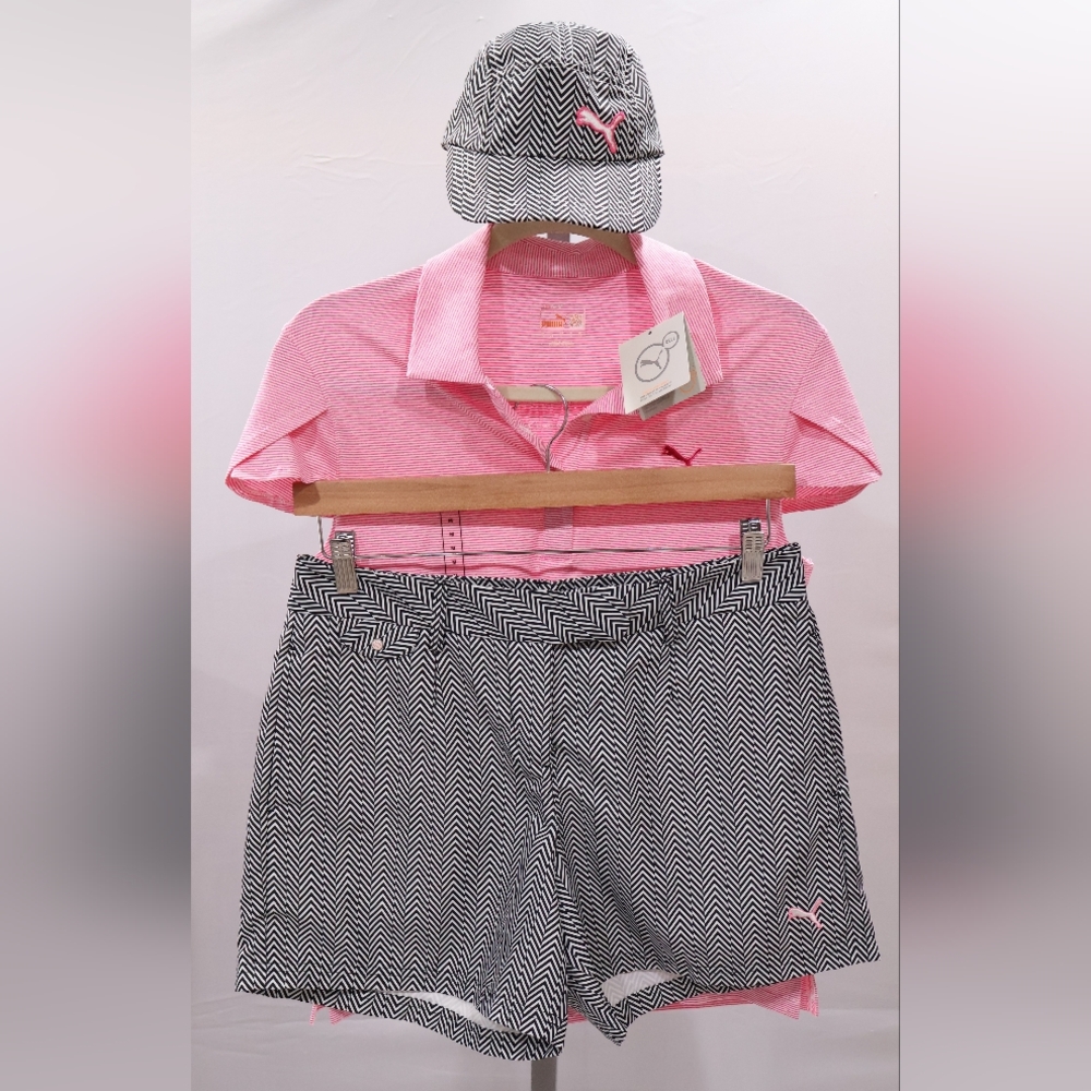 Puma | Pink Striped Polo with Black Chevron Shorts and Cap Set - 3 Piece